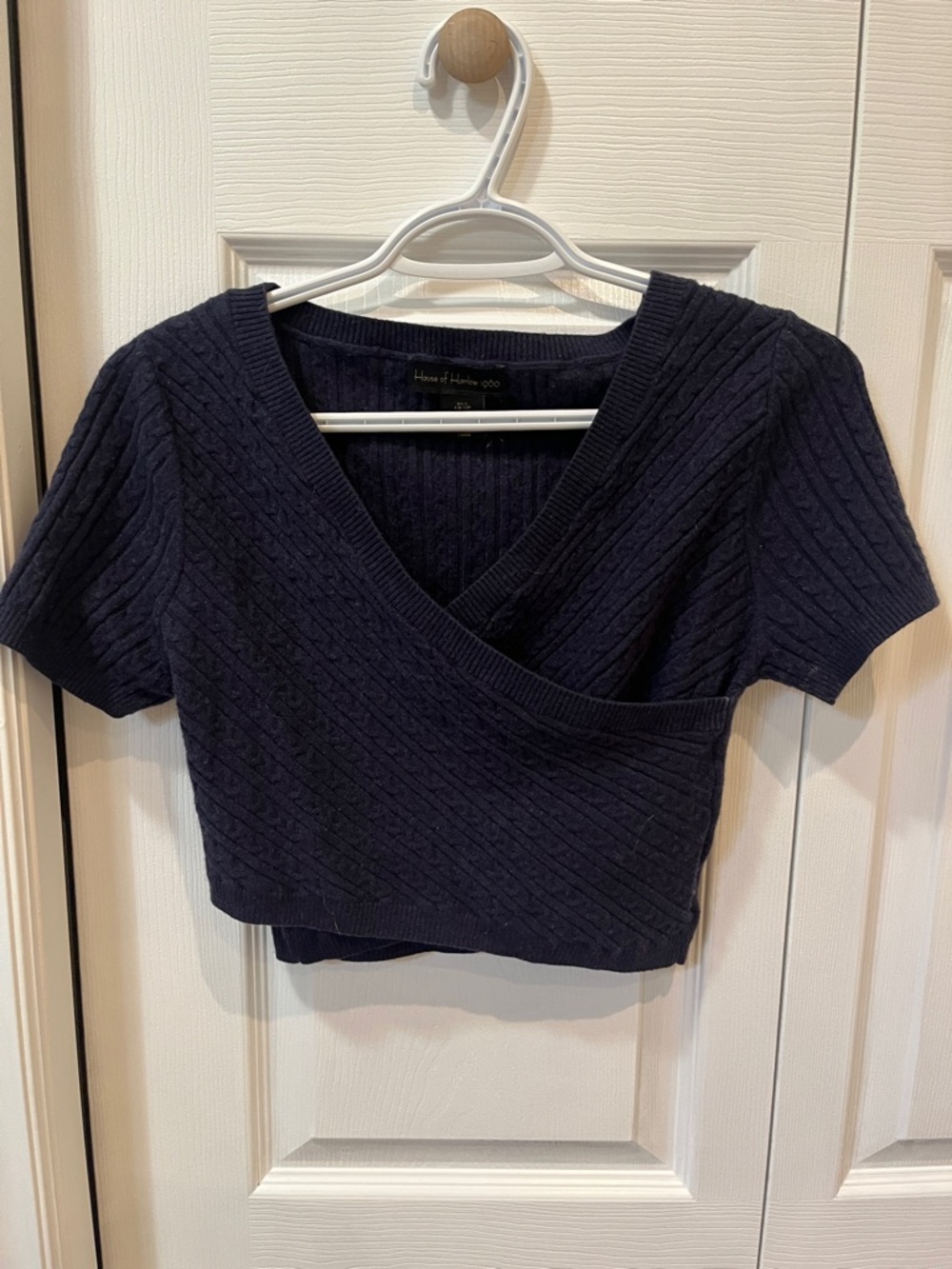 House of Harlow 1960 Navy Ribbed Wrap Short Sleeve Crop Top